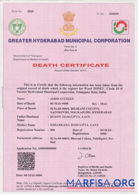 Printable India death certificate template in PSD format, fully editable